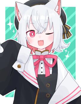 1girl ;3 ;d animal_ear_fluff animal_ears beret black_dress black_hat black_jacket blush border bright_pupils buttons cat_ears cat_girl colored_inner_hair commentary dress green_background grey_hair hair_between_eyes hand_up hat hat_ribbon jacket looking_at_viewer multicolored_hair neck_ribbon one_eye_closed open_clothes open_jacket open_mouth outside_border pinafore_dress pink_eyes pink_hair pink_ribbon ribbon sayo_(voicevox) shirt short_hair sleeve_cuffs sleeveless sleeveless_dress sleeves_past_fingers sleeves_past_wrists smile solo sparkle straight-on tanuzaka upper_body voicevox white_border white_pupils white_shirt