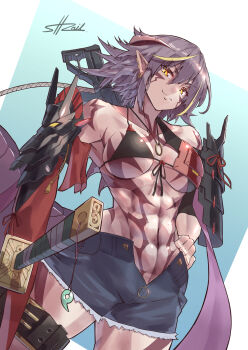 1girl abs armor asymmetrical_armor breasts denim denim_shorts dragon_girl dragon_horns dragon_tail earrings full-body_tattoo gun gun_on_back hand_on_own_hip highres horns jewelry looking_at_viewer medium_breasts muscular muscular_female navel original partially_unzipped pointy_ears purple_hair short_hair shorts shoulder_armor smile strail_cycleman sword tail tattoo weapon weapon_on_back yellow_eyes
