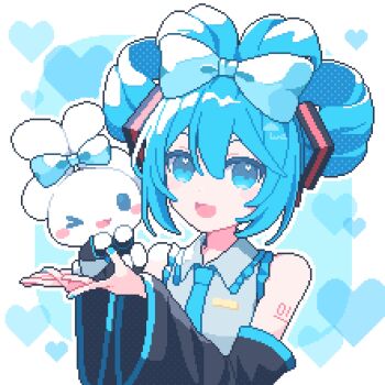 &gt;_o 1girl :d ;d amefu_luna bare_shoulders blue_background blue_bow blue_eyes blush_stickers border bow cinnamiku cinnamoroll collared_shirt commentary detached_sleeves double-parted_bangs fuwa_fuwa_cinnamoroll grey_shirt hair_between_eyes hair_bow hatsune_miku heart heart_background highres long_sleeves number_tattoo one_eye_closed open_mouth outline outside_border pixel_art sanrio shirt short_hair shoulder_tattoo sleeveless sleeveless_shirt smile tattoo twintails updo upper_body vocaloid white_border white_outline wide_sleeves