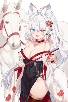 1girl :d absurdres ahoge akatsuki_kinoko animal_ear_fluff animal_ears arrow_(projectile) bare_shoulders black_hakama blue_eyes braid breasts chinese_zodiac cleavage collar collarbone commentary commission cowboy_shot hair_between_eyes hair_intakes hakama hakama_skirt hamaya heterochromia highres hiraga_matsuri holding horse indie_virtual_youtuber japanese_clothes kimono large_breasts long_hair looking_at_viewer multicolored_hair new_year off_shoulder open_mouth orange_hair red_collar red_eyes red_thighhighs simple_background single_braid skeb_commission skirt smile solo streaked_hair tail thighhighs two-tone_hair virtual_youtuber white_background white_hair white_kimono wolf_ears wolf_girl wolf_tail year_of_the_horse