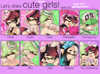 2girls ? artist_name bare_shoulders baseball_cap black_hair blush blush_stickers callie_(agent_1_casual)_(splatoon) callie_(fancy_party)_(splatoon) callie_(splatoon) callie_(squid_sisters_outfit)_(splatoon) chart closed_eyes cousins earrings eating english_text expression_chart eyewear_on_head food french_fries gloves gomipomi green_hair hair_ornament hand_fan happy hat holding_hands inkling interlocked_fingers jewelry let's_draw_pretty_girls_challenge looking_at_viewer marie_(agent_2_casual)_(splatoon) marie_(splatoon) marie_(squid_sisters_outfit)_(splatoon) mask mirror mole mole_under_eye multiple_drawing_challenge multiple_expressions multiple_girls nintendo one_eye_closed open_mouth pointy_ears shy smile speech_bubble splatoon_(series) splatoon_1 sweatdrop tears tentacles text_focus thick_eyebrows thought_bubble white_gloves yellow_eyes