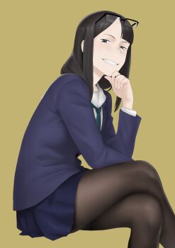 1girl absurdres asymmetrical_bangs black_pantyhose blazer blue_jacket blue_skirt commentary crossed_legs dress_shirt eizouken_ni_wa_te_wo_dasu_na! english_commentary eyewear_on_head freckles green_eyes green_necktie grid_teeth hand_on_own_hip highres jacket jimiko kanamori_sayaka long_sleeves meruzis necktie over-rim_eyewear pantyhose rectangular_eyewear school_uniform semi-rimless_eyewear shibahama_high_school_uniform shirt simple_background skirt slouching solo thighs white_shirt yellow_background