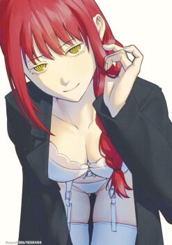 1girl black_coat bra breasts chainsaw_man closed_mouth coat garter_straps highres illust_aqua leaning_forward long_hair makima_(chainsaw_man) medium_breasts panties red_hair ringed_eyes simple_background solo thighhighs underwear white_background white_bra white_panties white_thighhighs yellow_eyes