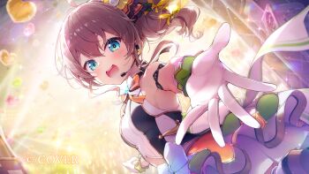 1girl :d ahoge aqua_eyes blurry blurry_background bow bowtie breasts brown_hair cat_hair_ornament commentary_request gloves hair_between_eyes hair_ornament halter_shirt halterneck hololive hololive_idol_uniform_(origin) idol idol_clothes layered_skirt looking_at_viewer miniskirt mochida_touri natsuiro_matsuri official_alternate_costume official_art open_mouth outstretched_arm reaching reaching_towards_viewer shirt side_ponytail skirt skirt_set sleeveless sleeveless_shirt small_breasts smile solo virtual_youtuber white_gloves white_shirt white_skirt wrist_cuffs