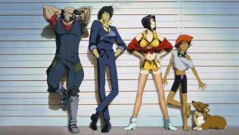 2boys 2girls barefoot breasts cigarette cowboy_bebop dark-skinned_female dark_skin dog edward_wong_hau_pepelu_tivrusky_iv ein_(cowboy_bebop) faye_valentine full_body goggles goggles_around_neck hands_in_pockets hands_on_own_hips height_chart height_comparison jacket jet_black midriff multiple_boys multiple_girls navel official_art orange_hair prosthesis prosthetic_arm purple_hair red_jacket shorts spike_spiegel standing thighhighs