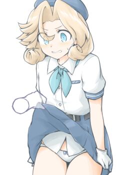 Rule 34 | 1girl, akara kai, assisted exposure, belt, blonde hair, blue eyes, blue skirt, blush, bow, bow panties, bowtie, clothes lift, commentary request, cowboy shot, curtained hair, disembodied hand, embarrassed, gloves, green bow, green bowtie, hat, highres, humiliation, janus (kancolle), janus (lawson) (kancolle), kantai collection, lifting another's clothes, official alternate costume, panties, sailor hat, shirt, short hair, short sleeves, simple background, skirt, skirt lift, skirt tug, sweatdrop, underwear, upskirt, v-shaped eyebrows, wavy mouth, white background, white gloves, white panties, white shirt