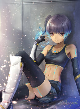 1girl absurdres artist_name bare_shoulders black_thighhighs blue_hair body_markings breasts brown_eyes closed_mouth commentary_request crop_top dark-skinned_female dark_skin detached_sleeves fiery_hair glowing_lines glowing_markings highres looking_at_viewer navel sena_(xenoblade) side_ponytail sitting small_breasts smile solo takayun6 thighhighs twitter_username xenoblade_chronicles_(series) xenoblade_chronicles_3