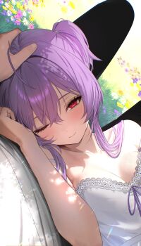 Rule 34 | 1boy, 1girl, alternate costume, camisole, closed mouth, field, flower, flower field, goddess of victory: nikke, hair between eyes, hand on another's head, highres, lace-trimmed camisole, lace trim, lap pillow, liberalio (nikke), light blush, looking at viewer, one eye closed, outdoors, pov, pov hands, purple hair, red eyes, short hair with long locks, sidelocks, uzzy2801, white camisole