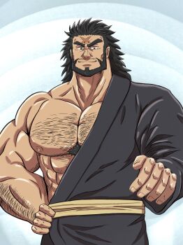 Rule 34 | 1boy, 2469samurai general, absurdres, arm hair, bara, bare pectorals, beard, chest hair, closed mouth, commentary request, cross scar, facial hair, hadanugi dousa, hand on own hip, highres, huge pectorals, jujutsu kaisen, large hands, long hair, male focus, muscular, muscular male, mustache stubble, nipples, open kimono, pectorals, scar, scar on face, scar on forehead, solo, stubble, variant set, zen'in jinichi