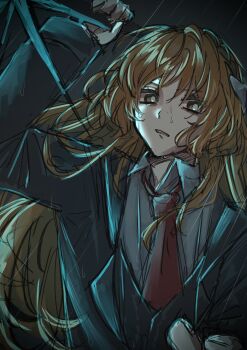 1girl arm_up black_jacket black_vest collared_shirt freckles highres holding_harpoon ishmael_(project_moon) jacket lapels limbus_company long_hair necktie notched_lapels orange_hair project_moon rain red_necktie shimesaba_253 shirt sidelocks solo very_long_hair vest wet_face white_shirt