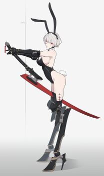 1girl absurdres animal_ears black_leotard breasts detached_collar fake_animal_ears from_side grey_hair highres holding holding_sword holding_weapon huge_weapon joints large_breasts leotard looking_at_viewer machine mechanical_arms mechanical_legs original playboy_bunny rabbit_ears rabbit_tail re:1 red_eyes robot_joints short_hair sideboob standing sword sword_between_thighs tail weapon white_background