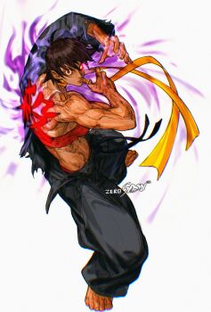 1girl abs aura baggy_pants bandeau barefoot belt biceps black_hair breasts brown_eyes brown_hair choker dark-skinned_female dark_aura dark_persona dark_skin dougi earrings fighting_stance fire full_body glowing glowing_eye highres jewelry karate_gi looking_at_viewer makoto_(street_fighter) martial_arts_belt midriff muscular muscular_female pants purple_fire red_eyes red_sports_bra ribbon ribbon_choker serious short_hair shun_goku_satsu solo sports_bra strapless street_fighter street_fighter_iii_(series) tan toes tomboy torn_clothes tube_top veins yellow_ribbon zero_setsu