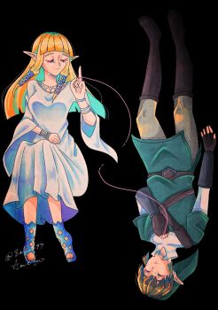 1boy 1girl black_boots black_gloves blunt_bangs boots breasts collared_shirt commentary_request crying dress fingerless_gloves gloves green_hat green_tunic grey_pants hair_ribbon hand_on_own_chest hat highres hylia link long_dress medium_breasts nintendo open-toe_shoes pants phrygian_cap pointy_ears ribbon shirt short_hair sidelocks string string_of_fate tears the_legend_of_zelda the_legend_of_zelda:_skyward_sword tunic twitter_username white_dress white_shirt wide_sleeves zel_o97