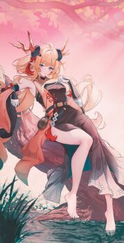 1girl ahoge antlers aqua_eyes arknights armpit_peek bare_legs barefoot belt black_belt black_choker black_dress blonde_hair blunt_bangs blurry blurry_foreground bow breasts chinese_commentary choker commentary_request detached_sleeves dot_nose dress elbow_gloves full_body gloves hair_ornament highres horns leizi_(arknights) leizi_the_thunderbringer_(arknights) long_dress long_hair looking_at_viewer medium_breasts okfin3_(sogoodman4396) on_branch parted_lips red_bow side_slit sitting_on_branch soaking_feet solo tassel tassel_hair_ornament thighs two-tone_dress very_long_hair water white_gloves yellow_dress