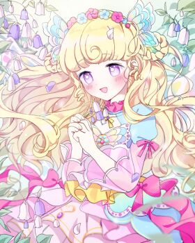 1girl blonde_hair blush bow bowtie dress flower frilled_dress frills hair_ornament head_wreath idol_land_pripara idol_time_pripara lolita_fashion long_hair m_cury open_mouth pink_bow pink_bowtie pretty_series pripara purple_eyes smile yumekawa_yui