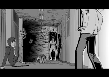 2boys 2girls ^^^ absurdly_long_hair bandaid bandaids_on_nipples blood blood_on_face blush breasts caught ceiling_light clothed_male_nude_female commentary_request dildo faceless faceless_male female_masturbation greyscale hallway highres hood hood_down hoodie horror_(theme) in_locker indoors large_breasts letterboxed long_hair long_sleeves masturbation monochrome monster multiple_boys multiple_girls nervous_sweating night nose_blush nude on_ground opening original pants parody pasties pussy_juice reaching sashizume_soutarou school sex_toy short_hair socks sound_effects standing surprised sweat translation_request very_long_hair vibrator_cord wide-eyed