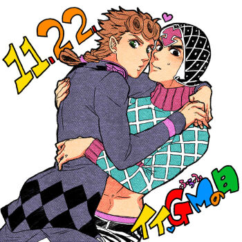 2boys argyle_clothes argyle_hat argyle_sweater black_eyes black_hat blue_sweater braid brown_hair commentary_request cropped_sweater dated earrings giorno_giovanna green_eyes guido_mista hat heart hug jewelry jojo_no_kimyou_na_bouken long_sleeves looking_at_viewer looking_back maneki_(blackink) midriff multiple_boys sweat sweater vento_aureo yaoi