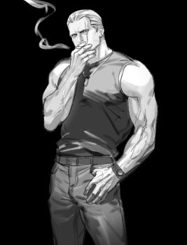 black_background cigarette denim greyscale hair_slicked_back jack_krauser jeans monochrome muscular muscular_male pants resident_evil scar smoke smoking tank_top tatsumi_(psmhbpiuczn) veins