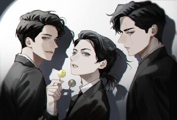 1girl 2boys alternate_costume black_coat black_eyes black_hair black_necktie blackbox_(blackbox9158) candy coat drop_shadow expressionless food formal_clothes hair_slicked_back han_sooyoung holding holding_candy holding_food holding_lollipop kim_dokja lollipop looking_at_viewer low_ponytail multiple_boys necktie omniscient_reader&#039;s_viewpoint parted_lips ponytail scar scar_across_eye scar_on_face shirt short_hair smirk upper_body white_shirt yoo_joonghyuk