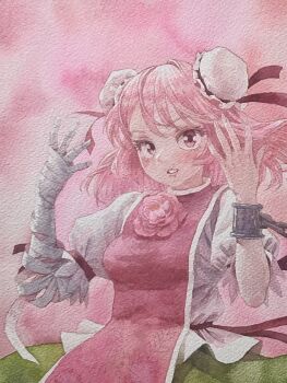 Rule 34 | 1girl, bandaged arm, bandages, chain, commentary request, cowboy shot, cuffs, double bun, flower, green skirt, hair bun, highres, ibaraki kasen, long hair, looking at viewer, making-of available, misawa hiroshi, parted lips, pink background, pink eyes, pink flower, pink hair, pink rose, pink tabard, puffy short sleeves, puffy sleeves, red ribbon, ribbon, rose, shirt, short sleeves, skirt, solo, tabard, touhou, white shirt