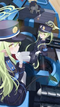 3girls absurdres aoba_(blue_archive) black_hat blue_archive blush demon_tail fang gloves green_hair green_halo halo hat highres hikari_(blue_archive) long_hair long_sleeves looking_at_viewer multiple_girls nozomi_(blue_archive) open_mouth pantyhose peaked_cap pleated_skirt pointy_ears shorts siblings sisters skirt smile tail tenki_nori train twins twintails white_gloves white_pantyhose yellow_eyes