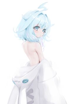 1girl absurdres ahoge animal_hood back blue_eyes blue_hair braid commentary_request dalcom from_behind hair_between_eyes hair_flaps highres hololive hololive_dev_is hood hooded_jacket jacket jacket_partially_removed lightning_ahoge long_hair looking_at_viewer low_twin_braids median_furrow mizumiya_su mizumiya_su_(1st_costume) naked_jacket pink_streaks rabbit_hood simple_background solo twin_braids virtual_youtuber white_background white_jacket