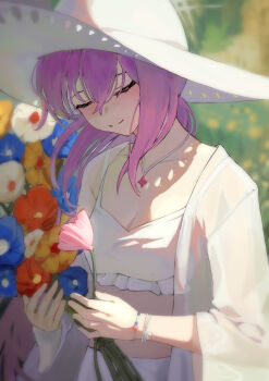 1girl absurdres atsuko_(blue_archive) atsuko_(swimsuit)_(blue_archive) bikini blue_archive blue_flower bouquet closed_eyes closed_mouth commentary_request flower frilled_bikini frills grey_halo halo hat highres jacket liwen520 official_alternate_costume purple_hair red_flower see-through_clothes see-through_jacket solo sun_hat swimsuit upper_body white_bikini white_flower white_hat yellow_flower