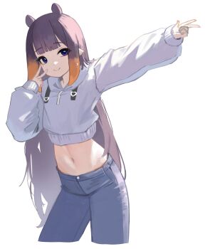 1girl absurdres alternate_costume blue_eyes blue_pants closed_mouth commentary crop_top cropped_hoodie cropped_legs denim highres hololive hololive_english hood hoodie long_hair long_sleeves looking_at_viewer midriff mole mole_under_eye navel ninomae_ina&#039;nis nokde outstretched_arm pants pointy_ears purple_hair simple_background smile solo stomach very_long_hair virtual_youtuber white_background white_hoodie