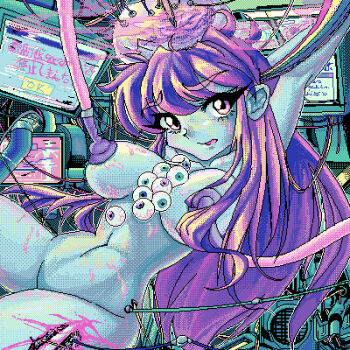 Rule 34 | absurdres, colored skin, commentary request, cyberpunk, green skin, highres, long hair, monitor, nude, original, pc-98 (computer), pc-98 (style), pink eyes, pixel art, psychedelic, purple hair, ririyafourever, science fiction