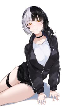 1girl absurdres alternate_costume black_choker black_hair black_jacket black_shorts breasts choker closed_mouth highres hololive hololive_english jacket kurochanai large_breasts long_hair looking_at_viewer multicolored_hair shiori_novella shirt short_shorts shorts simple_background smile solo split-color_hair thigh_strap two-tone_hair virtual_youtuber white_background white_hair white_shirt yellow_eyes