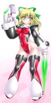 Rule 34 | 1girl, android, aqua eyes, arm up, armor, armored boots, bikini armor, black leotard, black thighhighs, blonde hair, blue eyes, blush, boots, breasts, clenched hands, closed mouth, commentary request, covered erect nipples, energy sword, full body, gorget, gradient background, green ribbon, hair between eyes, hair ribbon, hairband, hand up, headphones, highleg, highleg leotard, holding, holding sword, holding weapon, hyper roll (marvel vs. capcom), joints, knee boots, knee pads, large breasts, leotard, long hair, looking at viewer, looking to the side, marvel vs. capcom, mechanical arms, mechanical boots, mechanical legs, mega man (classic), mega man (series), multicolored leotard, multicolored thighhighs, one eye closed, pink background, ponytail, red leotard, red thighhighs, ribbon, robot, robot girl, robot joints, roll (mega man), sakura ryuuken, shoulder armor, sidelocks, smile, solo, standing, sword, thighhighs, weapon, white background, white boots, white leotard, white thighhighs