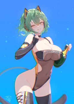 1girl absurdres admiral_nakhimov_(azur_lane) admiral_nakhimov_(cheerleading_mechanic?)_(azur_lane) animal_ear_headphones animal_ears annasui_factory azur_lane black_gloves black_thighhighs blue_background breasts cat_ear_headphones cat_ears cat_tail cleavage clothes_writing copyright_name covered_navel elbow_gloves fake_animal_ears fingerless_gloves gloves green_hair headphones highres large_breasts looking_at_viewer official_alternate_costume one_eye_closed race_queen short_hair signature smile solo standing tail thighhighs yellow_eyes