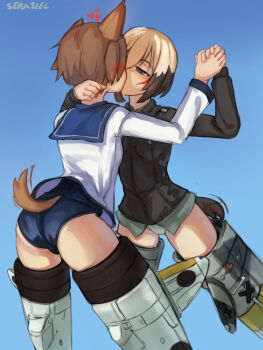 2girls ass blonde_hair blue_eyes blue_one-piece_swimsuit blush breasts brown_hair dog_tail dress erica_hartmann flying highres holding_hands kiss looking_at_another military military_uniform miyafuji_yoshika multicolored_hair multiple_girls one-piece_swimsuit panties sailor_dress seraziel sky small_breasts strike_witches striker_unit swimsuit tail underwear white_panties world_witches_series yuri