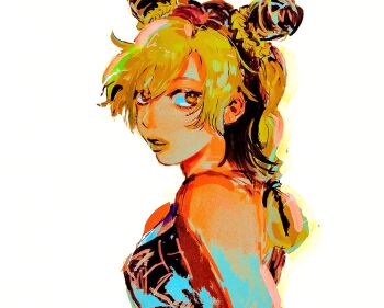 1girl bare_shoulders black_hair blonde_hair braid braided_ponytail commentary cone_hair_bun double_bun english_commentary green_lips hair_bun highres jojo_no_kimyou_na_bouken kuujou_jolyne looking_at_viewer makeup motunikomi multicolored_hair sleeveless solo stone_ocean two-tone_hair upper_body white_background