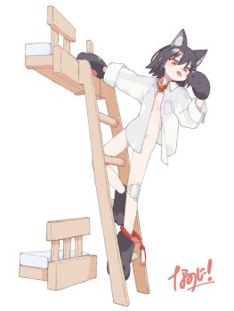 1girl absurdres animal_ear_fluff animal_ears animal_hands bed blush bunk_bed cat_ears cat_girl cat_paws closed_mouth collared_shirt full_body highres ladder long_sleeves looking_at_viewer naked_shirt nanoni! open_clothes open_shirt original paw_shoes red_eyes shirt short_sleeves signature simple_background solo tongue tongue_out white_background white_shirt