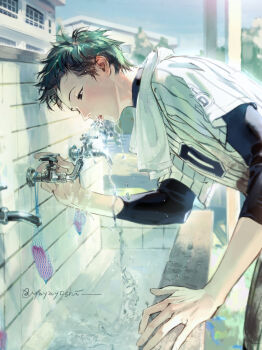 1boy artist_logo baseball_jersey baseball_uniform bent_over black_eyes black_hair black_shirt blue_sky blush brown_eyes building drinking drinking_fountain faucet fountain from_side hand_up highres jersey layered_sleeves logo long_sleeves looking_down male_focus open_mouth original outdoors school shirt short_hair short_over_long_sleeves short_sleeves signature sink sky soap solo spiked_hair sportswear standing striped_clothes tile_wall tiles towel towel_around_neck undershirt upper_body water water_drop wet wet_hair yayayoshi