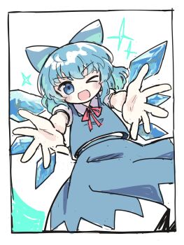 Rule 34 | > o, 1girl, ;d, blue bow, blue eyes, blue hair, blue skirt, blue vest, blush, border, bow, cirno, collared shirt, commentary request, cowboy shot, dot nose, hair bow, ice, ice wings, kibisake, looking at viewer, neck ribbon, one eye closed, open mouth, outstretched arms, red ribbon, ribbon, shirt, short hair, short sleeves, simple background, skirt, skirt set, smile, solo, sparkle, touhou, vest, white background, white border, white shirt, wings