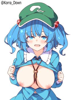 1girl absurdres blue_eyes blue_hair blue_shirt blue_skirt breasts breasts_out green_hat hair_bobbles hair_ornament hat highres jewelry kawashiro_nitori key key_necklace korra_down large_breasts looking_at_viewer necklace nipples open_mouth partially_unbuttoned shirt simple_background skirt smile solo teeth touhou two_side_up upper_teeth_only white_background