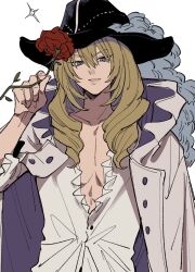 Rule 34 | 1boy, aoi (yooo009), blonde hair, blue eyes, cavendish, coat, collarbone, drill hair, flower, hair between eyes, hat, hat feather, highres, holding, holding flower, long hair, looking at viewer, male focus, one piece, open clothes, parted lips, red flower, red rose, rose, shirt, simple background, smile, solo, upper body, wavy hair, white background, white shirt