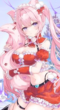 1girl absurdres animal_ears antenna_hair blush breasts christmas_tree closed_mouth commentary_request fur-trimmed_gloves fur-trimmed_jacket fur-trimmed_tube_top fur_trim gloves hakui_koyori highres hololive hugging_own_tail hugging_tail jacket kudoukudokudo long_hair looking_at_viewer maid_headdress outdoors pink_hair purple_eyes red_gloves red_skirt red_tube_top side_ponytail skirt solo strapless tail thigh_strap tube_top virtual_youtuber wolf_ears wolf_girl wolf_tail
