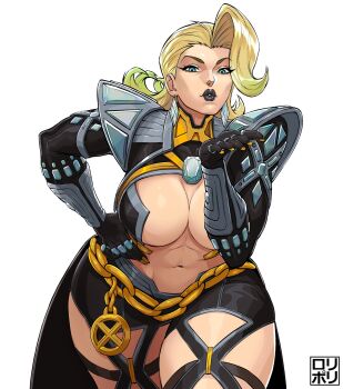 1girl armor bent_over black_gloves black_lips black_shorts blonde_hair blowing_kiss blue_eyes breasts chain_belt cleavage commentary cowboy_shot diamond-shaped_earrings emma_frost emma_frost_(x-revolution) english_commentary gloves highres jamrolypoly large_breasts long_hair looking_at_viewer marvel marvel_rivals mature_female midriff navel official_alternate_costume pauldrons shorts shoulder_armor thick_thighs thighs wide_hips x-men