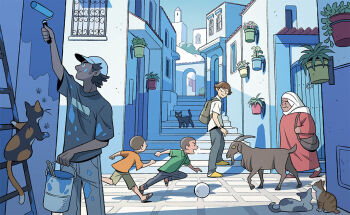 ball black_cat blue_sky bucket building calico_(pattern) calico_cat cat child commentary_request dark-skinned_female dark_skin day glasses goat gurihiru hijab holding holding_bucket holding_paint_roller ladder morocco multiple_boys multiple_girls original paint_can paint_roller painting_(action) paw_print plant playing potted_plant road sandals short_hair sky stairs street tan white_hijab