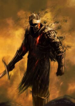 1other absurdres armor artist_name commentary crain1art dark_souls_(series) dark_souls_iii english_commentary facing_viewer full_armor gauntlets greaves helm helmet highres holding holding_sword holding_weapon sky soul_of_cinder standing sword twitter_username weapon yellow_sky