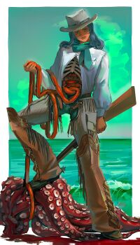 1boy absurdres aqua_neckerchief aqua_pants blue_hair chaps commentary_request cowboy_hat exposed_bone green_background green_sky gun hat head_tilt highres intestines jacket long_hair male_focus neckerchief ocean octopus original pants shotgun sky solo spurs uu0000322 weapon white_jacket
