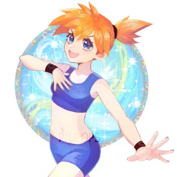 1girl :d artist_name bikini blue_bikini blue_eyes blue_shorts blue_sports_bra breasts cowboy_shot eyelashes hair_between_eyes hair_tie looking_at_viewer midriff misty_(pokemon) nail_polish navel nintendo open_mouth orange_hair orange_nails outstretched_arm pokemon pokemon_(anime) pokemon_(classic_anime) pokemon_rgby ponytail short_hair shorts side_ponytail smile solo sparkle sports_bikini sports_bra spread_fingers swimsuit teeth tongue upper_teeth_only white_background wristband