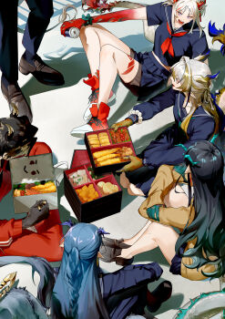 Rule 34 | 2boys, 4girls, absurdres, arknights, black hair, black serafuku, blue hair, brother and sister, chongyue (arknights), commentary, dragon girl, dragon horns, dragon tail, dusk (arknights), english commentary, furiwo, highres, horns, ji (arknights), ling (arknights), multicolored hair, multiple boys, multiple girls, nian (arknights), school uniform, serafuku, shu (arknights), siblings, streaked hair, tail, white hair