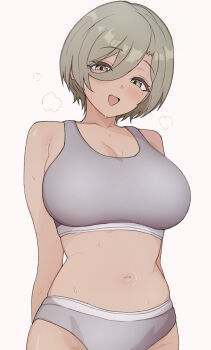 1girl blush bra breasts brown_eyes brown_hair girls_band_cry grey_bra grey_panties hair_between_eyes hanekuri_(nnainain) highres large_breasts long_hair_between_eyes looking_at_viewer mole mole_under_eye navel open_mouth panties rupa_(girls_band_cry) short_hair solo stomach sweat underwear