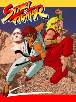 1980s_(style) 2boys auburn_hair blonde_hair capcom dougi fighter fighting_games karate_gi ken_masters multiple_boys muscular oldschool red_hair retro_artstyle ryu_(street_fighter) sf1 shouryuuken street_fighter street_fighter_1 uppercut