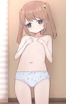 1girl absurdres blue_bow blue_panties blush bow bow_panties brown_eyes brown_hair clothes_writing collarbone covering_breasts covering_privates crotch_seam embarrassed flat_chest hair_ornament heart heart_print highres loli long_hair looking_at_viewer navel original panties polka_dot polka_dot_panties print_panties shooko standing star_(symbol) star_hair_ornament striped_clothes striped_panties topless_female twintails underwear window window_blinds