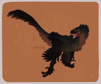 animal animal_focus artist_name astarcis black_feathers claws dinosaur feathered_arms feathered_dinosaur feathers fluffy full_body highres no_humans open_mouth orange_background original raptor reference_sheet sharp_teeth simple_background standing tail teeth tongue utahraptor velociraptor watermark yellow_eyes